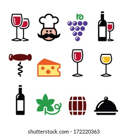 Wine colourful icons set - glass, bottle, restaurant, food