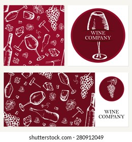 Wine company. Retro card, envelope. Restaurant theme. Business cards collection. Vector illustration.