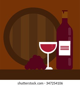 Wine composition with wine bottle, glass, wooden barrel and wine grapes

