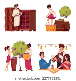 Wine composition cartoon icons set with traditional making and drinking scenes isolated vector illustration