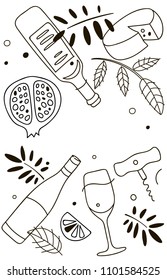 Wine composition. Line art graphic. Restaurant template. Vector illustration