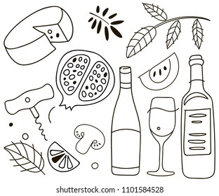 Wine composition. Line art graphic. Restaurant template. Vector illustration