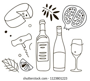 Wine composition. Line art graphic. Restaurant template. Vector illustration