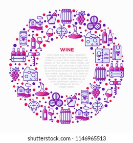 Wine concept in circle with thin line icons: corkscrew, wine glass, cork, grapes, barrel, list, decanter, cheese, vineyard, bucket, shop, delivery. Modern vector illustration, print media template.