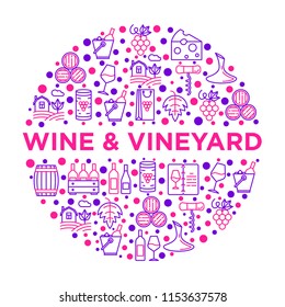 Wine concept in circle with thin line icons: corkscrew, wine glass, cork, grapes, barrel, list, decanter, cheese, vineyard, bucket, shop, delivery. Modern vector illustration, print media template.