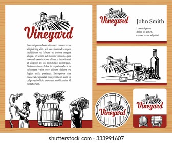 Wine concept design. Corporate identity. Logotype, business cards, brochures, label. Rural landscape, vineyard fields, hills, bottle, glass, barrel, harvest the grapes. Engraving vintage vector