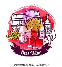 Wine concept with glasses bottles and barrels hand drawn icons vector illustration