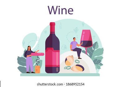 Wine concept. Grape wine in a bottle and glass full of alcohol drink. Red wine with appetizer. Isolated vector illustration