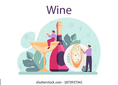 Wine concept. Grape wine in a bottle and glass full of alcohol drink. Red wine with appetizer. Isolated vector illustration
