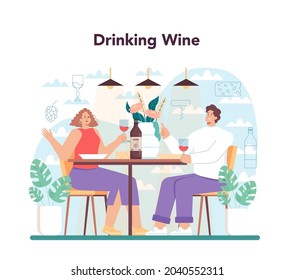 Wine concept. Grape wine in a bottle and glass full of alcohol drink. Red wine with appetizer. Isolated vector illustration
