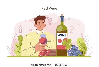 Concepto de vino. Vino de uva en una botella y vaso lleno de alcohol. Vino rojo con aperitivo. Queso, salchicha, pescado y fresa. Ilustración vectorial plana