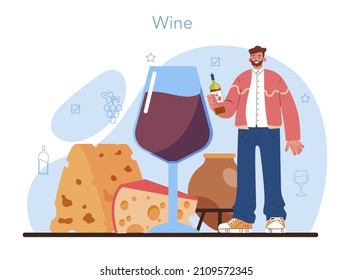 Concepto de vino. Vino de uva en una botella y vaso lleno de alcohol. Vino de champán, vino tinto, blanco y rosa con aperitivo. Queso, salchicha, pescado y fresa. Ilustración vectorial plana