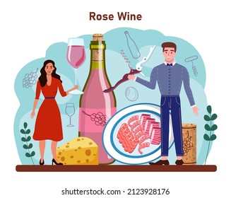 Wine concept. Grape wine in a bottle and glass full of alcohol drink. Rose wine with appetizer. Cheese, sausage, fish and strawberry. Flat vector illustration