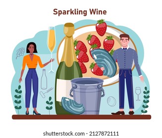 Wine concept. Grape wine in a bottle and glass full of alcohol drink. Champagne wine with appetizer. Cheese, sausage, fish and strawberry. Flat vector illustration