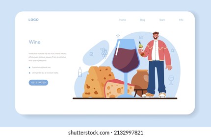 Wine concept. Grape wine in a bottle and glass full of alcohol drink. Champagne, red, white and rose wine with appetizer. Cheese, sausage, fish and strawberry. Flat vector illustration