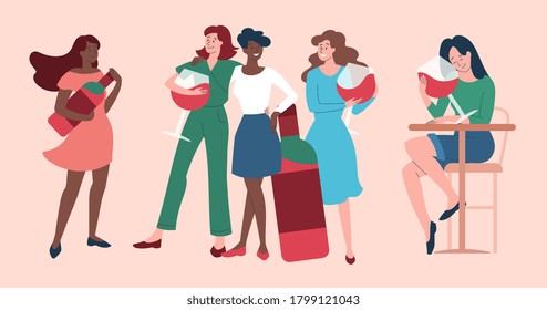 Wine Concept With Group Of Women Friends Enjoying A Party Drinking Red Wine From Glasses And Bottles, Colored Vector Illustration