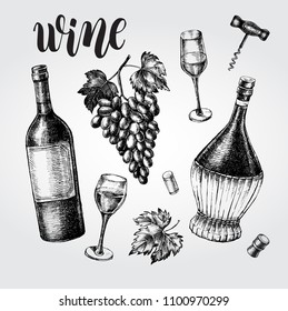 Wine concept set. Bottles, glasses, cork, grape bunch, corkscrew. Ink hand drawn Vector illustration with brush calligraphy style lettering. Drink element for menu design.