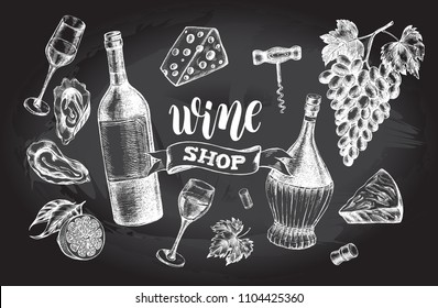 Wine concept set. Bottles, glasses, cork, grape bunch, corkscrew, oysters, cheese. Ink hand drawn Vector illustration with brush calligraphy style lettering. Drink element for menu design.