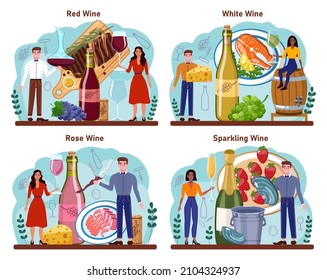 Wine concept set. Grape wine in a bottle and glass full of alcohol drink. Champagne, red, white and rose wine with appetizer. Cheese, meat, fish and strawberry. Flat vector illustration
