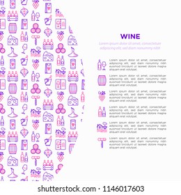 Wine concept with thin line icons: corkscrew, wine glass, cork, grapes, barrel, list, decanter, cheese, vineyard, bucket, shop, delivery. Modern vector illustration, web page template.