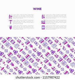 Wine concept with thin line icons: corkscrew, wine glass, cork, grapes, barrel, list, decanter, cheese, vineyard, bucket, shop, delivery. Modern vector illustration, web page template.
