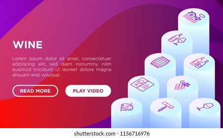 Wine concept with thin line isometric icons: corkscrew, wine glass, cork, grapes, barrel, list, decanter, vineyard, shop, delivery. Modern vector illustration, web page template on gradient background
