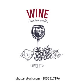Wine concept. Vector hand drawn emblem, logo template. Sketch style