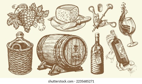 Wine concept vintage set. Bottle, wineglass, grapevine, barrel, corkscrew, bunches of grapes, cheese. Winery sketch