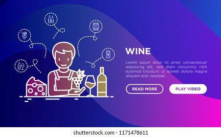 Wine concept: winemaker with thin line icons, wine glass, grapes, cheese. Modern vector illustration, web page template on gradient background.