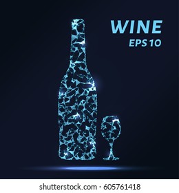 The wine consists of points, lines and triangles. The polygon shape in the form of the bottle and the glass awards on a dark background. Vector illustration