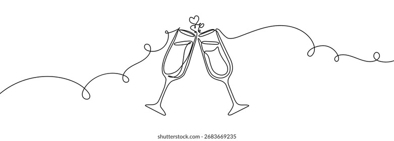 Wine continuous glass toast vector drink one birthday illustration party single. Year wine continuous glass new draw sketch outline minimalist hand line cheer happy celebrate wedding concept cocktail