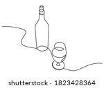 Wine continuous line vector illustration. one continuous drawn line of the bottle and a glass drawn from the hand a picture of the silhouette. Line art. a bottle of champagne wine a glass.