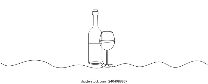 Ilustración vectorial de línea continua de vino. una línea de trazo continuo de la botella y un vaso extraído de la mano un cuadro de la silueta. Una botella de vino de champán y una copa.