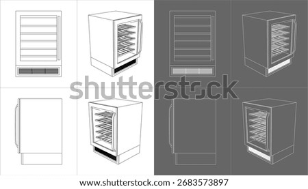 Wine cooler blueprint vector illustration — technical drawing refrigerator line art isolated