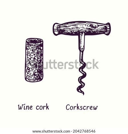 Wine cork and corkscrew collection. Ink black and white doodle drawing in woodcut style.
