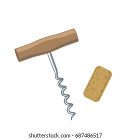 Wine corkscrew and cork, colorful illustration. Vector