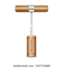 Wine corkscrew and cork on a white background. Vector illustration.
