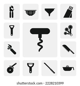 Wine corkscrew flat web icon. Simple corkscrew sign silhouette. Corkscrew for wine bottle solid black icon emblem vector design. Corkscrew cartoon clipart. Kitchen tools icon set