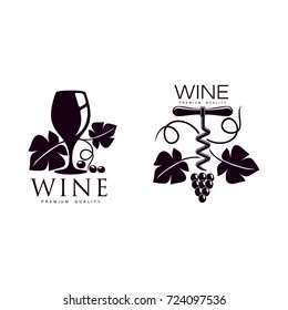 wine corkscrew, glass of wine decorated with grapevine with leaves, ripe grapes and twig set. Elegant Company logo, brand icon design. Isolated illustration on a white background.