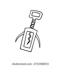 Sacacorchos de vino lineal en estilo boceto. Abrelatas. Garabato de tinta sobre fondo blanco. Elemento de diseño para el logotipo, signo, tarjeta, menú. Cocina y bodega. Ilustración vectorial