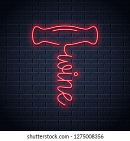 Wine corkscrew neon logo. Red and white wine neon sign on wall vector background