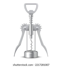 Wine corkscrew realistic vector illustration. Alcohol drink bottle open metallic device with handle. Pub bar kitchen strainer equipment. Wooden cork opener stainless tool with twirling unlock gear