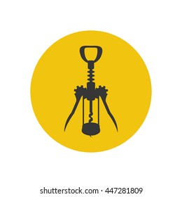 Wine corkscrew silhouette on the yellow background. Vector illustration