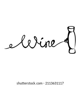 Weinkorkenschnecke-Skizze. Handgeschriebener Text. Logo der Weinkellerei. Einzeln auf Weiß. Schwarzer Umriss.