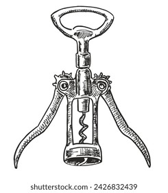 Wine corkscrew sketch vector illustration. Alcohol drink bottle open metallic device with handle. Cork opener stainless tool with twirling unlock gear