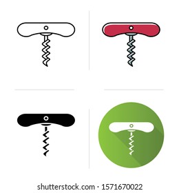 Wine corkscrew with spiral icons set. Bottle opening tool. Barman and sommelier equipment. Beverage, drink. Cork remover. Flat design, linear, black and color styles. Isolated vector illustrations