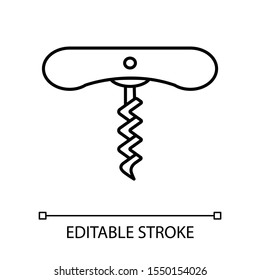 Wine corkscrew with spiral linear icon. Bottle opening tool thin line illustration. Barman and sommelier equipment contour symbol. Cork remover. Vector isolated outline drawing. Editable stroke