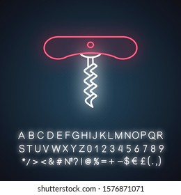 Wine corkscrew with spiral neon light icon. Bottle opening tool. Barman and sommelier equipment. Cork remover. Glowing sign with alphabet, numbers and symbols. Vector isolated illustration