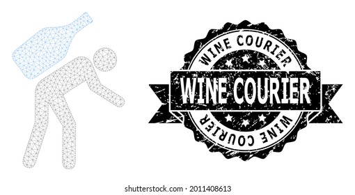 Wine Courier textured stamp seal and vector wine courier mesh model. Black stamp includes Wine Courier caption inside ribbon and rosette. Abstract flat mesh wine courier, built from flat mesh.