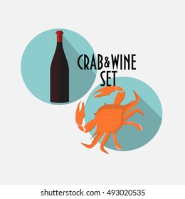 Wine and Crab Set. An open bottle of wine icon and red crab icon. Both isolated on a light background.